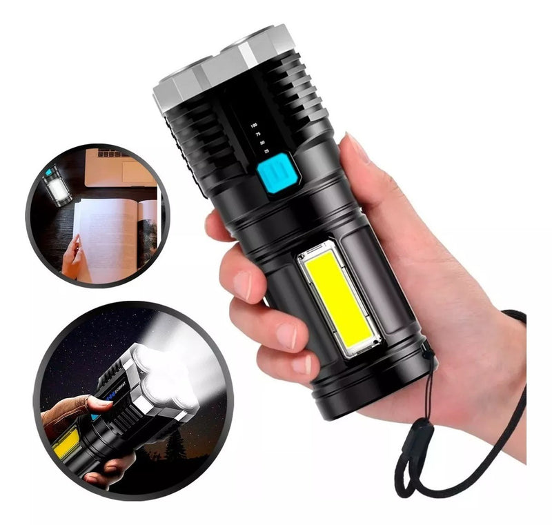 🔥 Lanterna LED Recarregável 4 LEDs Visão Ampla USB Portátil para Camping e Emergência - Cor Preta