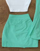 Terno feminino de 3 peças, colete com gola redonda, colete sem mangas e conjunto de mini saia