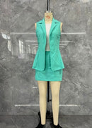 Terno feminino de 3 peças, colete com gola redonda, colete sem mangas e conjunto de mini saia