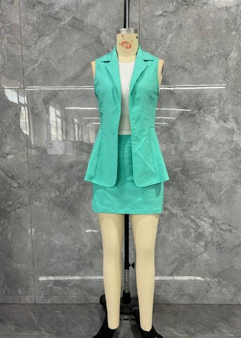 Terno feminino de 3 peças, colete com gola redonda, colete sem mangas e conjunto de mini saia