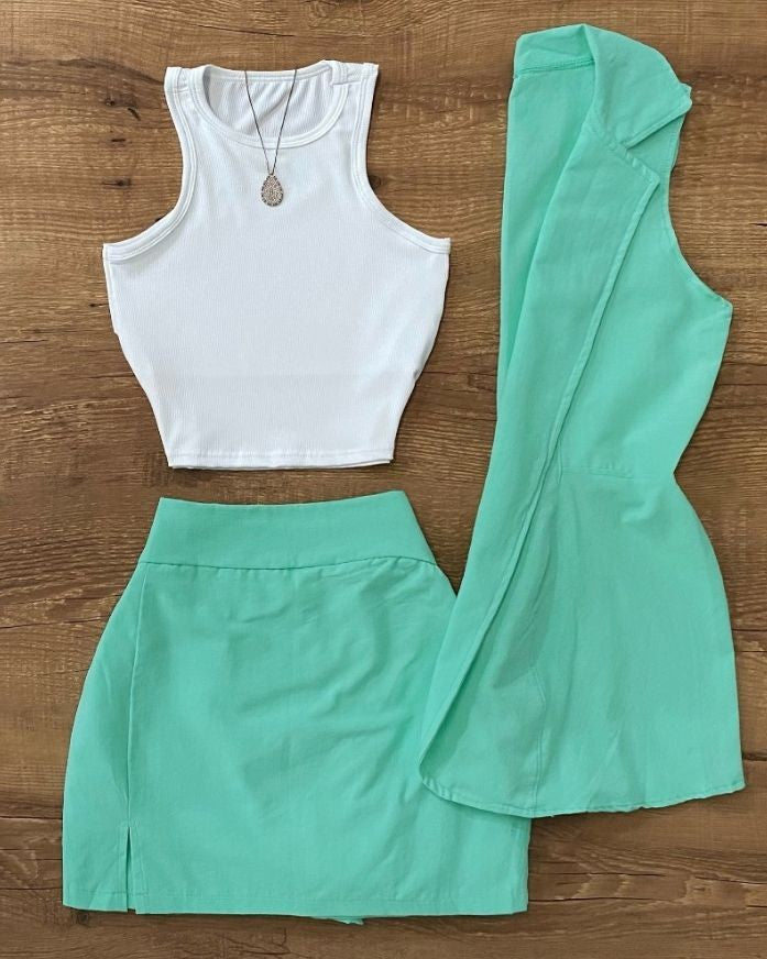 Terno feminino de 3 peças, colete com gola redonda, colete sem mangas e conjunto de mini saia