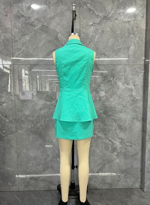 Terno feminino de 3 peças, colete com gola redonda, colete sem mangas e conjunto de mini saia