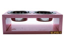 Comedouro Duplo de Madeira com Potes Inox – Rosa | Para Gatos e Cães Pequenos